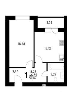 1-к квартира, строящийся дом, 51м2, 5/10 этаж