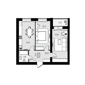 2-к квартира, строящийся дом, 69м2, 3/10 этаж