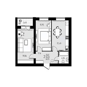 2-к квартира, строящийся дом, 69м2, 6/10 этаж