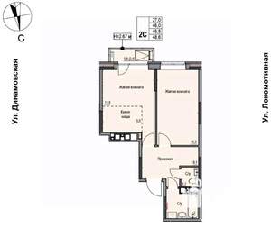 2-к квартира, строящийся дом, 47м2, 8/10 этаж