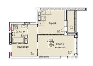 1-к квартира, строящийся дом, 39м2, 19/25 этаж