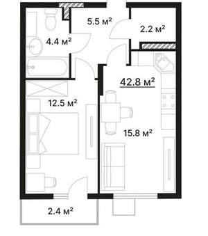 1-к квартира, вторичка, 43м2, 5/10 этаж