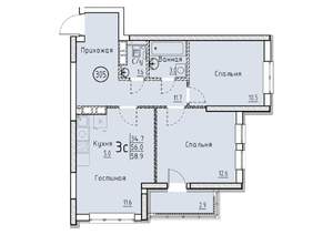 3-к квартира, строящийся дом, 59м2, 23/25 этаж