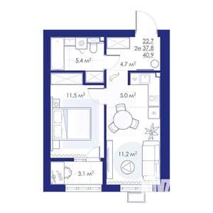 2-к квартира, строящийся дом, 41м2, 4/10 этаж