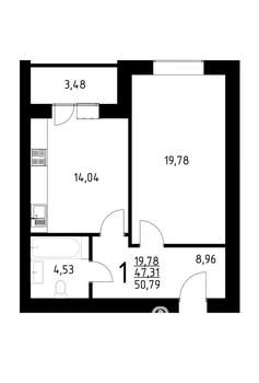 1-к квартира, строящийся дом, 51м2, 7/10 этаж