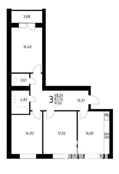 3-к квартира, строящийся дом, 92м2, 6/10 этаж