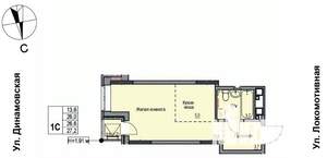 1-к квартира, строящийся дом, 27м2, 1/10 этаж