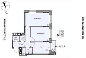 2-к квартира, строящийся дом, 55м2, 4/10 этаж