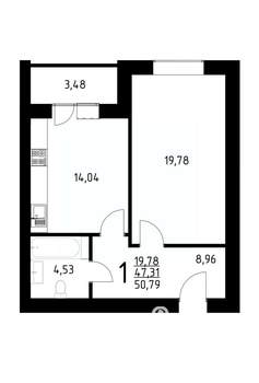 1-к квартира, вторичка, 51м2, 9/10 этаж