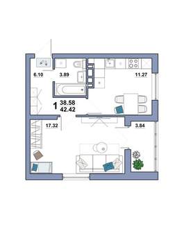 1-к квартира, вторичка, 42м2, 6/10 этаж