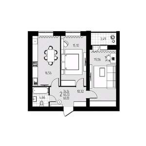 2-к квартира, строящийся дом, 69м2, 4/10 этаж