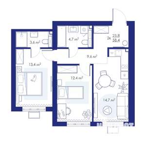 2-к квартира, строящийся дом, 58м2, 1/10 этаж