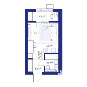 1-к квартира, строящийся дом, 28м2, 4/10 этаж
