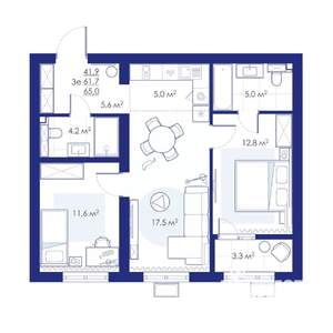 3-к квартира, строящийся дом, 65м2, 9/10 этаж