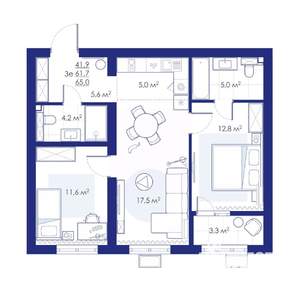 3-к квартира, строящийся дом, 65м2, 7/10 этаж