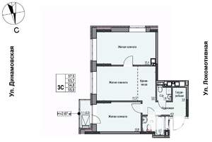3-к квартира, строящийся дом, 55м2, 4/10 этаж
