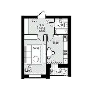 1-к квартира, строящийся дом, 44м2, 7/10 этаж