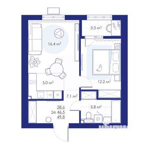2-к квартира, строящийся дом, 50м2, 8/10 этаж
