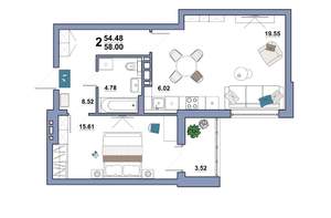 2-к квартира, вторичка, 58м2, 7/10 этаж