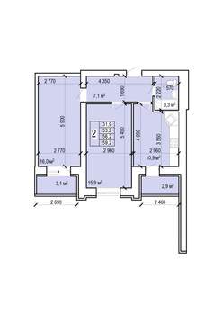 2-к квартира, вторичка, 59м2, 1/10 этаж