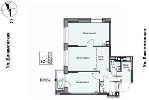 3-к квартира, строящийся дом, 55м2, 9/10 этаж