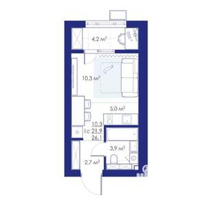 1-к квартира, строящийся дом, 26м2, 6/10 этаж