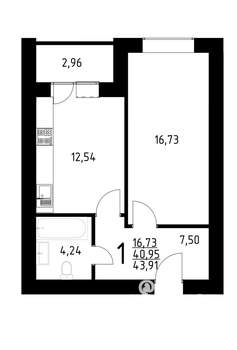 1-к квартира, строящийся дом, 44м2, 8/10 этаж