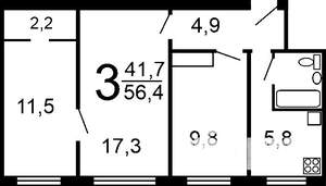 3-к квартира, вторичка, 58м2, 2/5 этаж