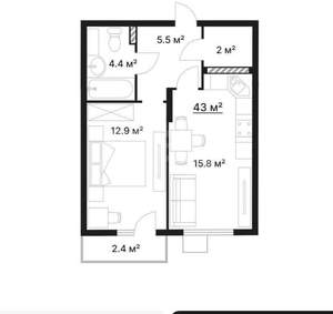 1-к квартира, строящийся дом, 43м2, 7/10 этаж
