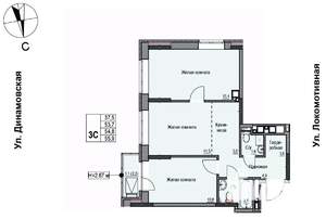 3-к квартира, строящийся дом, 55м2, 6/10 этаж
