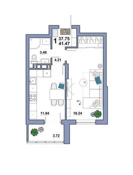 1-к квартира, вторичка, 41м2, 7/10 этаж