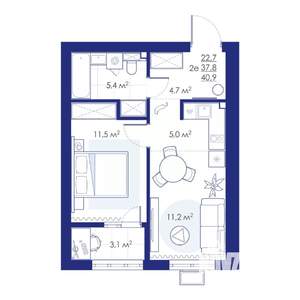 2-к квартира, строящийся дом, 41м2, 6/10 этаж