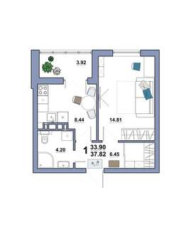 1-к квартира, вторичка, 38м2, 6/10 этаж