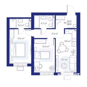 3-к квартира, строящийся дом, 58м2, 2/10 этаж