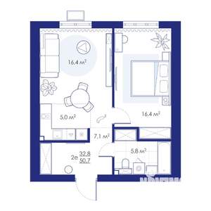 2-к квартира, строящийся дом, 51м2, 3/10 этаж