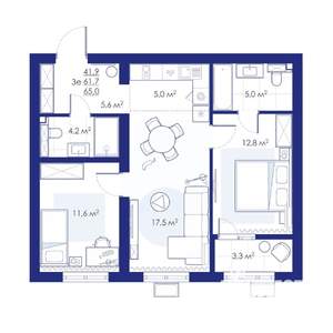 3-к квартира, строящийся дом, 65м2, 10/10 этаж