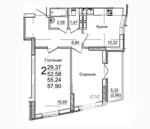 2-к квартира, вторичка, 58м2, 21/26 этаж