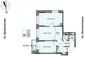 3-к квартира, строящийся дом, 55м2, 7/10 этаж