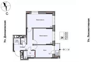 2-к квартира, строящийся дом, 55м2, 10/10 этаж