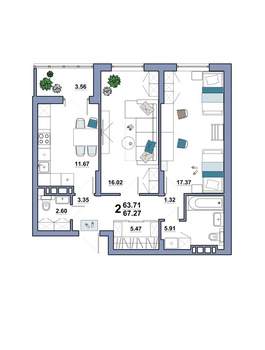 2-к квартира, вторичка, 67м2, 7/10 этаж