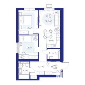 3-к квартира, строящийся дом, 64м2, 3/10 этаж