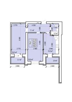 2-к квартира, вторичка, 59м2, 1/10 этаж