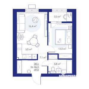 2-к квартира, строящийся дом, 50м2, 9/10 этаж