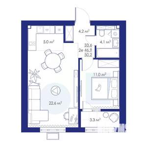 2-к квартира, строящийся дом, 50м2, 9/10 этаж