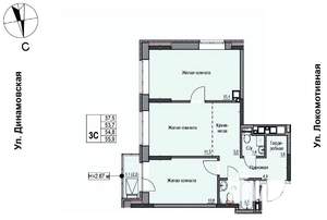 3-к квартира, строящийся дом, 55м2, 2/10 этаж