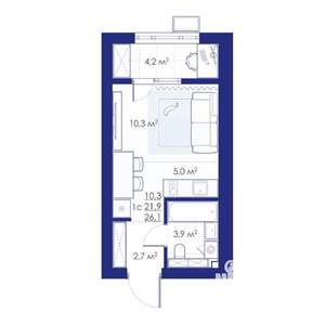 1-к квартира, строящийся дом, 26м2, 10/10 этаж